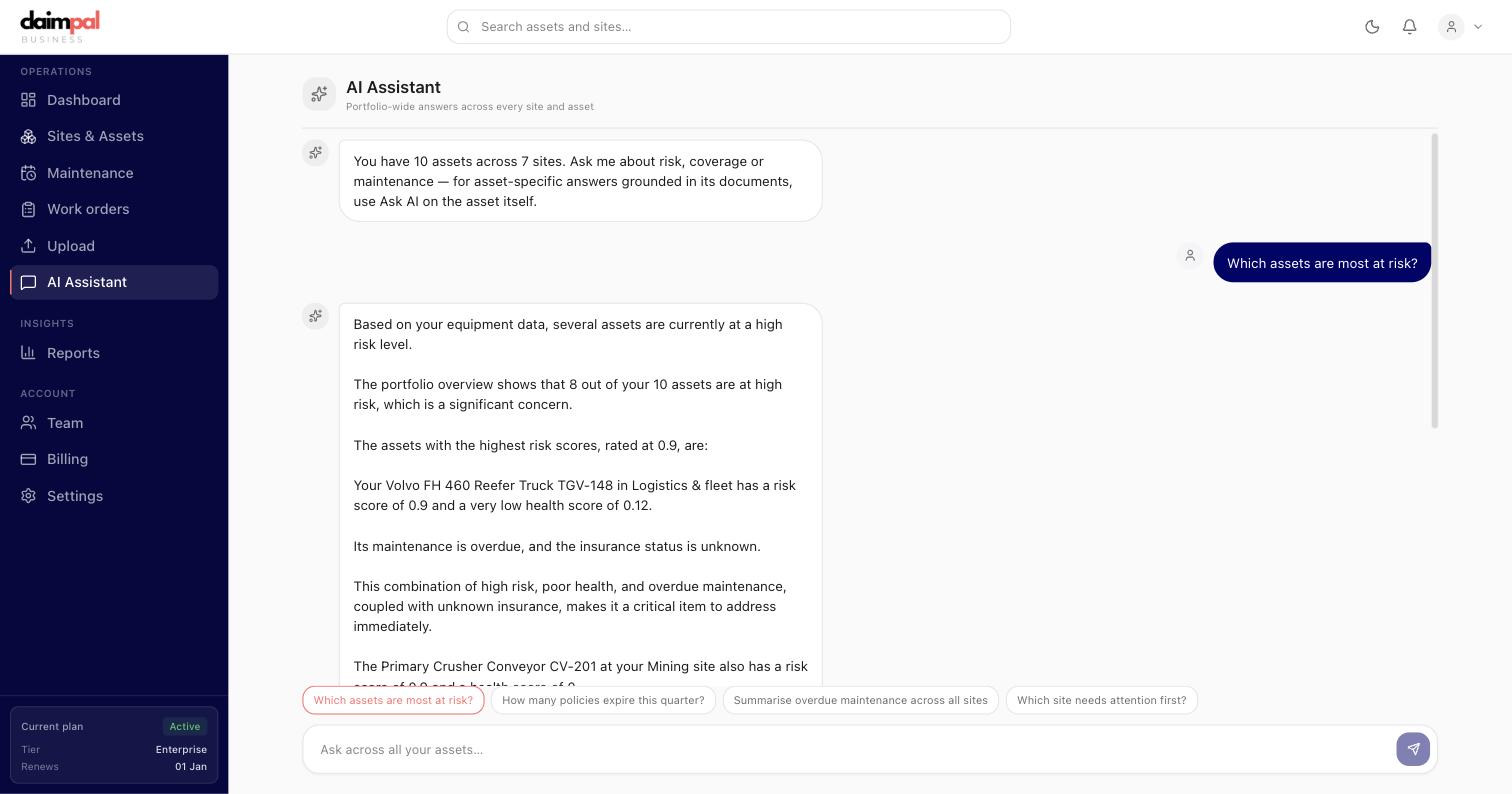 Claimpal AI Assistant answering a portfolio risk question grounded in real asset data