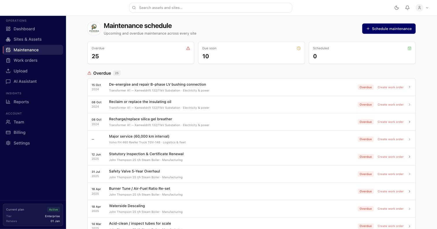 Claimpal maintenance schedule — overdue and upcoming tasks across every site, each convertible to a work order